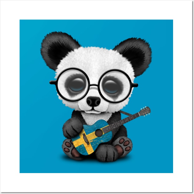 Baby Panda Playing Swedish Flag Guitar Wall Art by jeffbartels